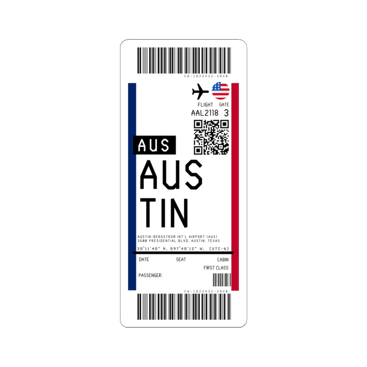 Austin-Bergstrom International Airport (AUS) Boarding Pass Sticker — Travel Luggage Decal