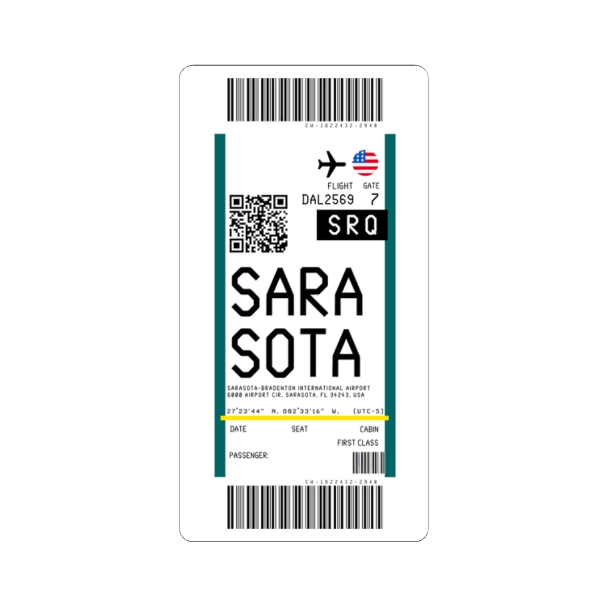 Sarasota–Bradenton International Airport (SRQ) Boarding Pass Sticker — Travel Luggage Decal
