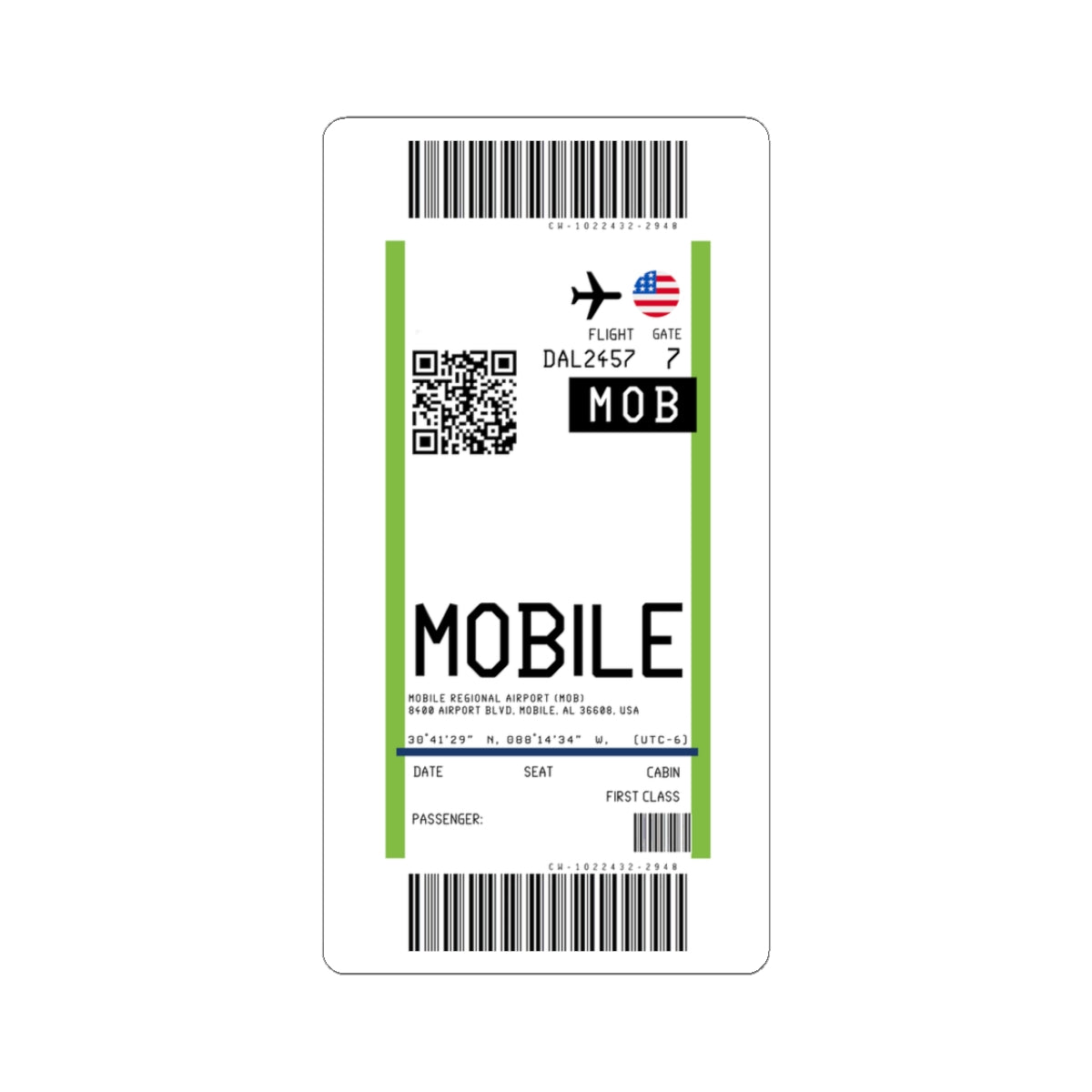 Mobile Regional Airport (MOB) Boarding Pass Sticker — Travel Luggage Decal