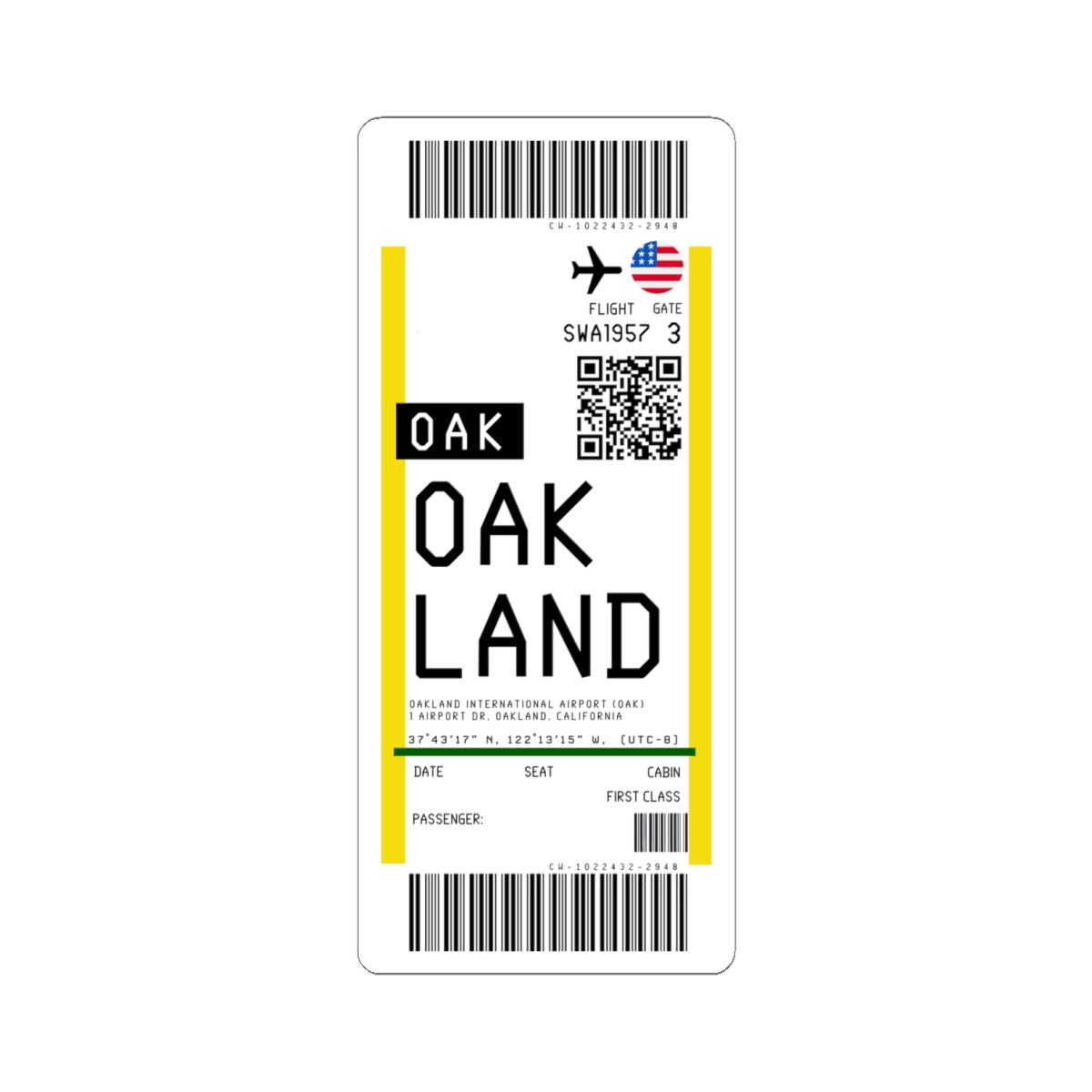 Oakland San Francisco Bay Airport (OAK) Boarding Pass Sticker — Travel Luggage Decal