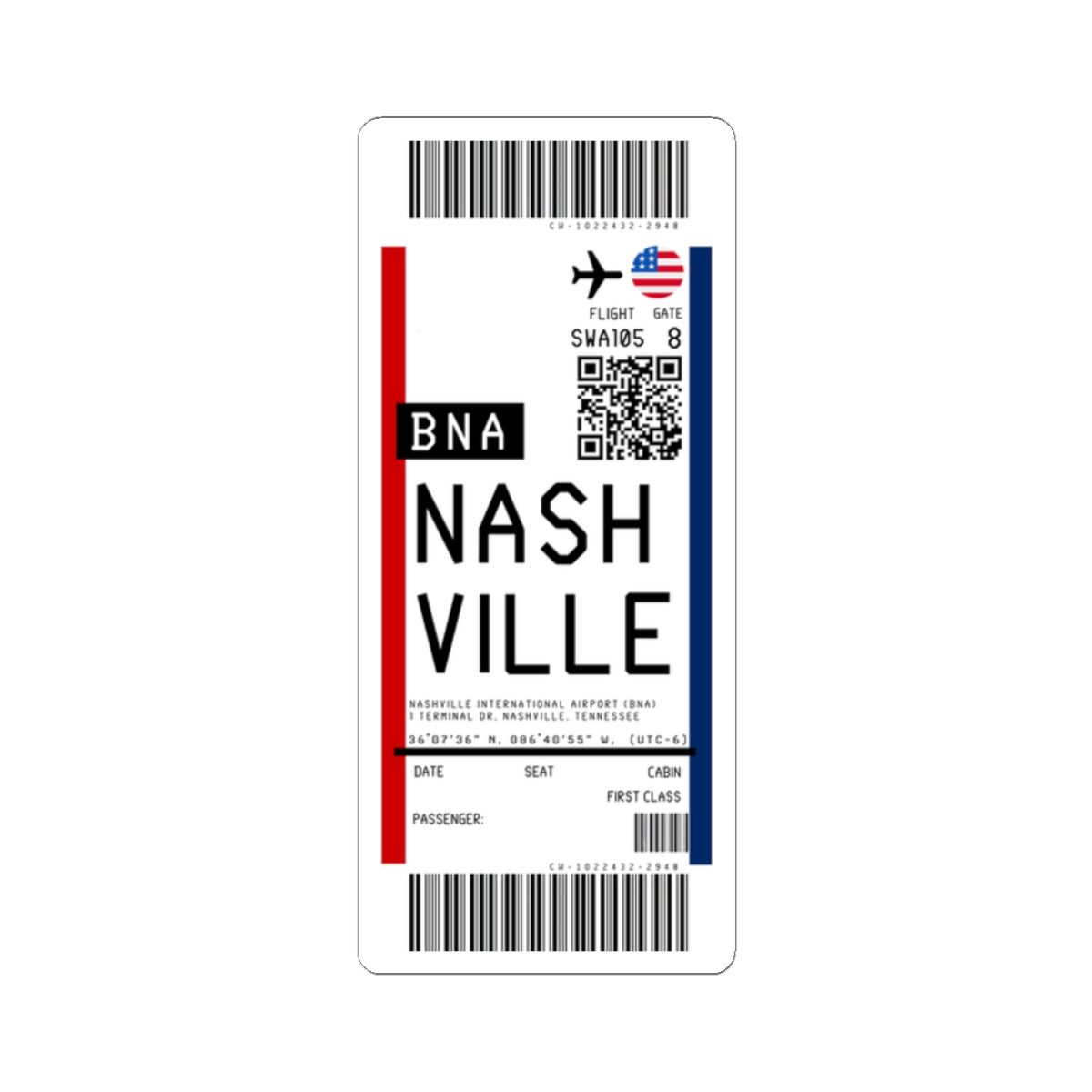 Nashville International Airport (BNA) Boarding Pass Sticker — Travel Luggage Decal