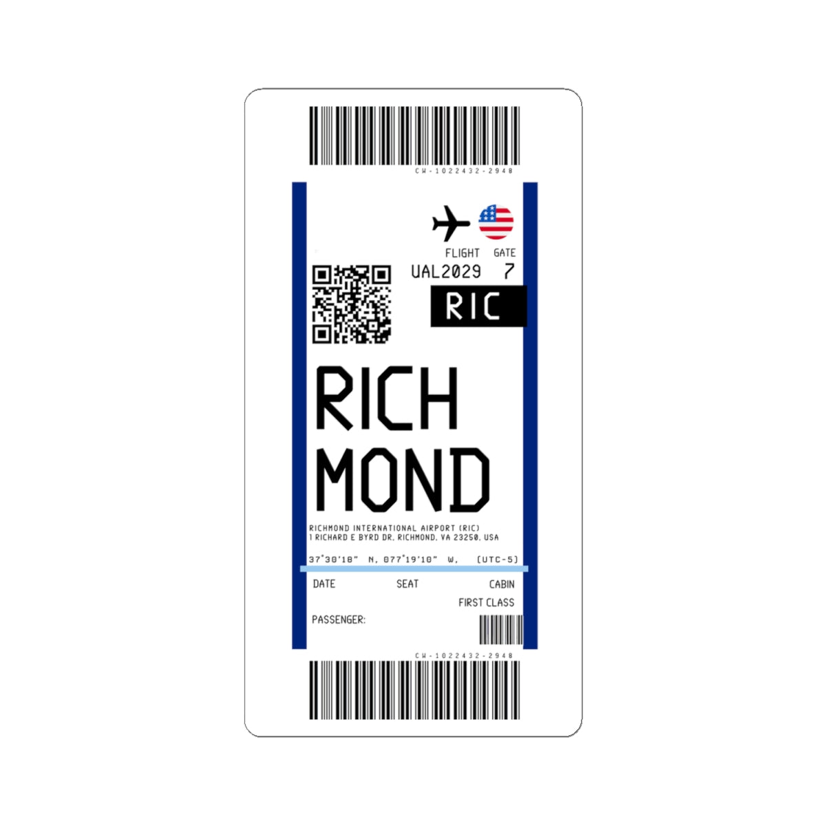 Richmond International Airport (RIC) Boarding Pass Sticker — Travel Luggage Decal