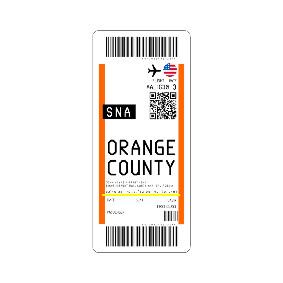 John Wayne Airport (SNA) Boarding Pass Sticker — Travel Luggage Decal