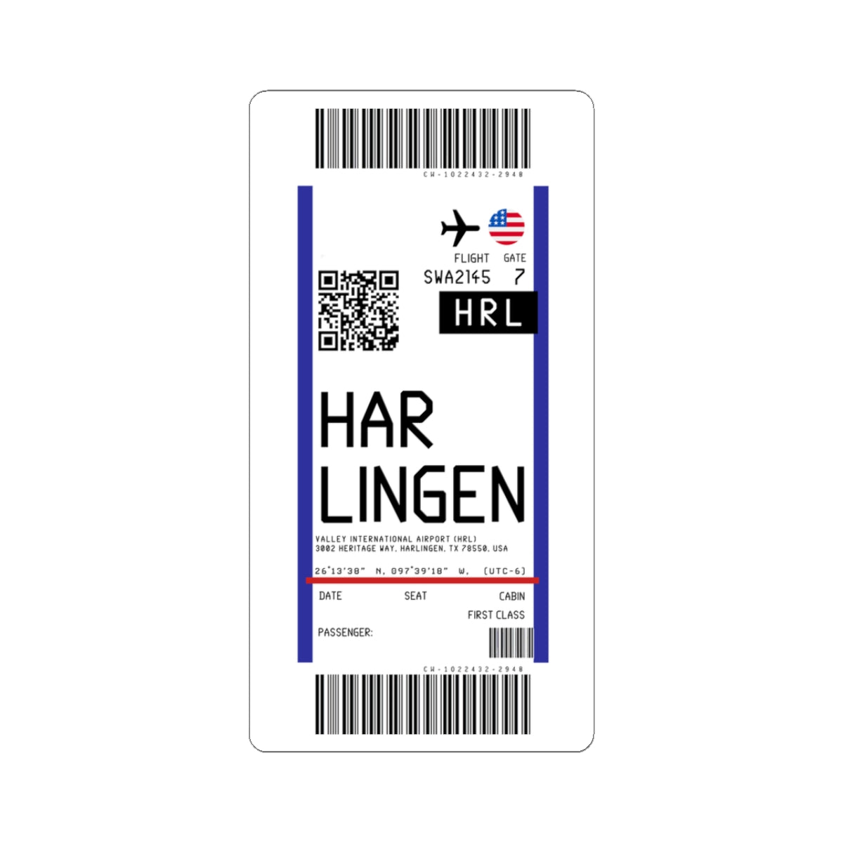 Valley International Airport (HRL) Boarding Pass Sticker — Travel Luggage Decal
