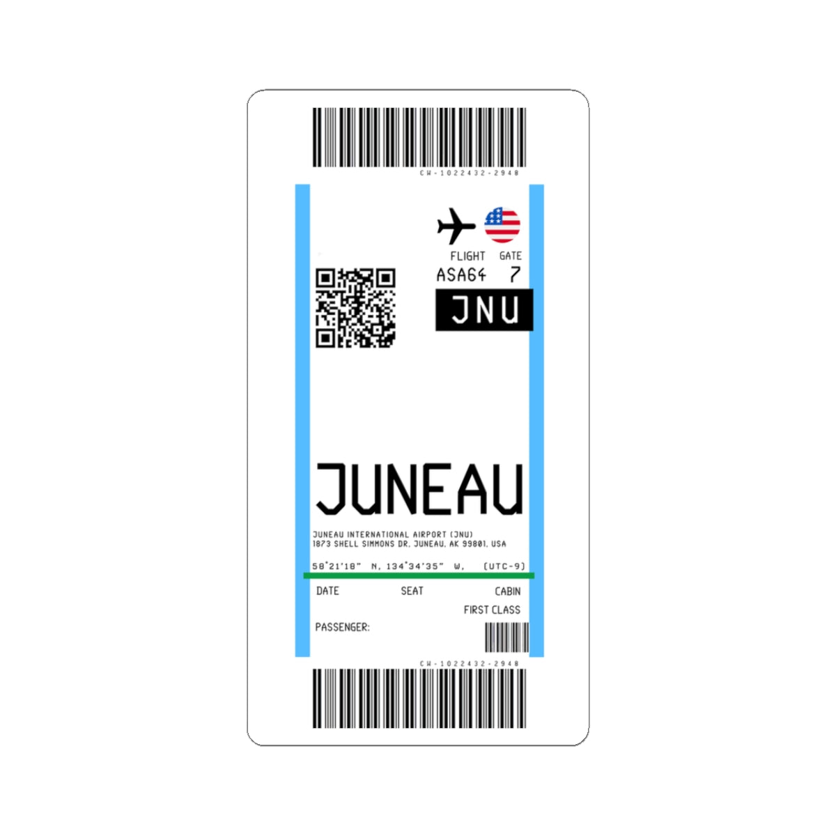 Juneau International Airport (JNU) Boarding Pass Sticker — Travel Luggage Decal