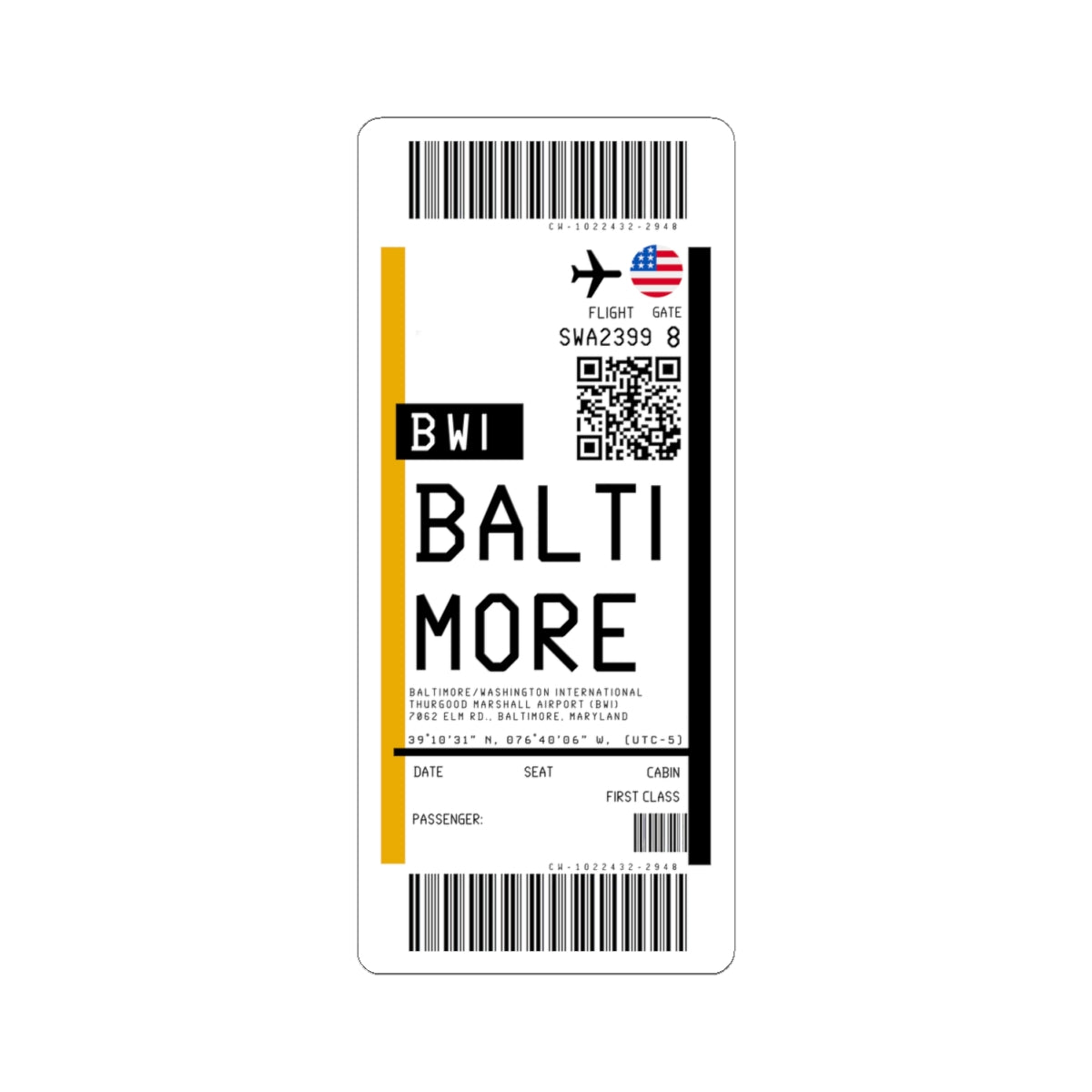 Baltimore/Washington International Thurgood Marshall Airport (BWI) Boarding Pass Sticker — Travel Luggage Decal