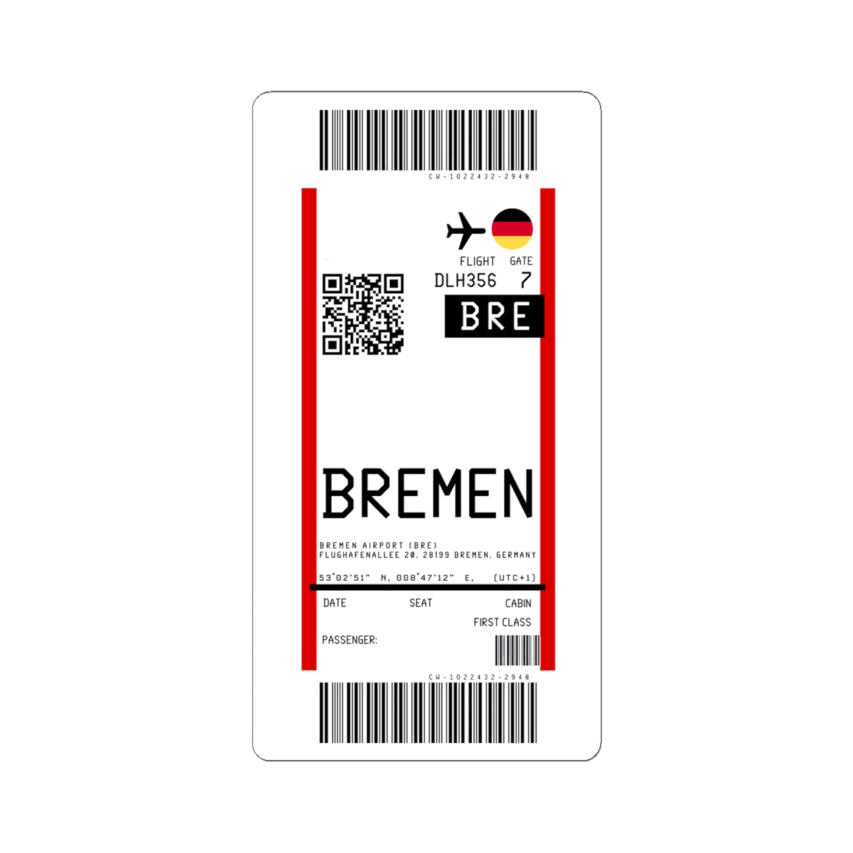 Bremen Airport  (BRE) Boarding Pass Sticker — Travel Luggage Decal