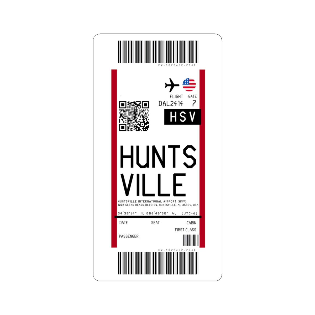 Huntsville International Airport (HSV) Boarding Pass Sticker — Travel Luggage Decal